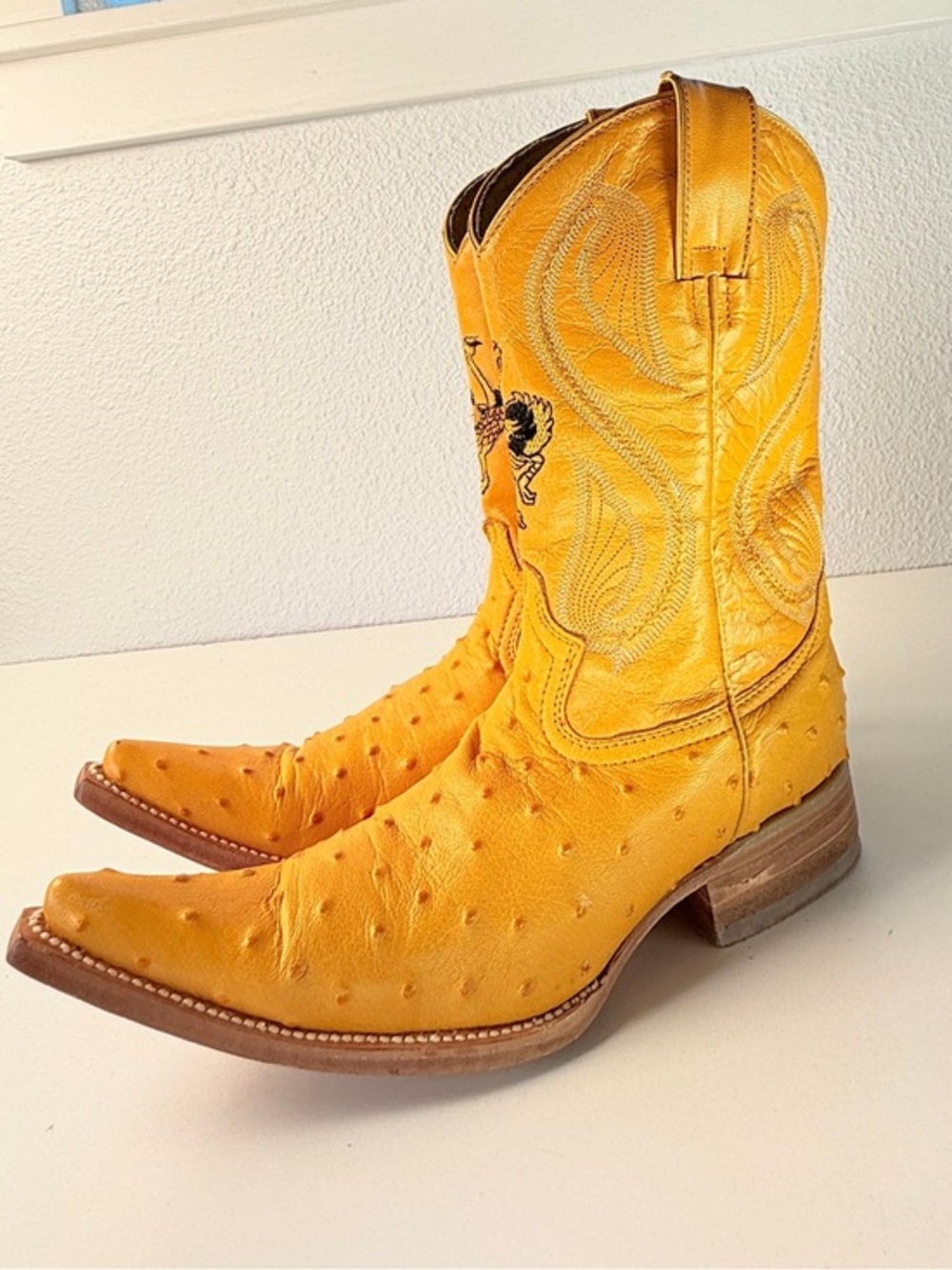 Potrillo Salvaje Ostrich Print Yellow Cowboy Boots Mens 7 Vintage Western